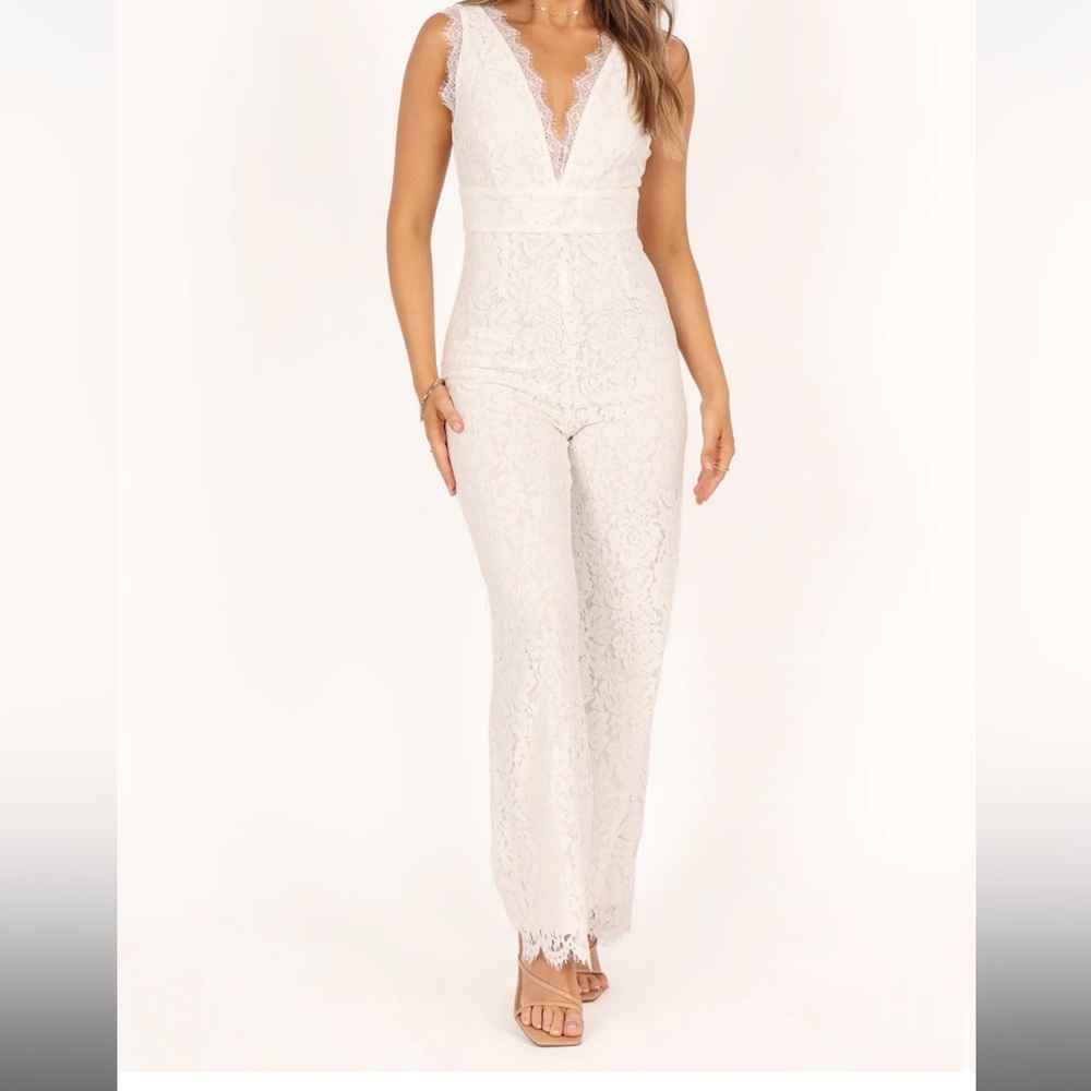 Petal & Pup White Lace Jumpsuit with Plunging V-Neckline